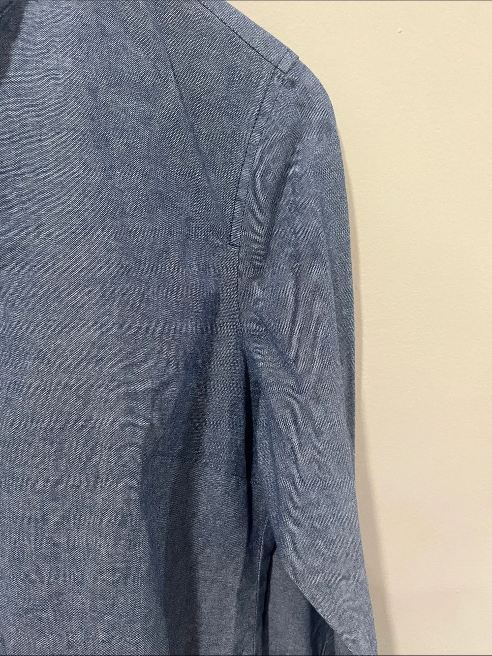 J. Crew Blue Chambray Button-Down Bodysuit with Navy Hem